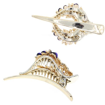 Violet Enamel Hinged Hair Clip Claw Barrette w/ Rhinestones Flower Wreath